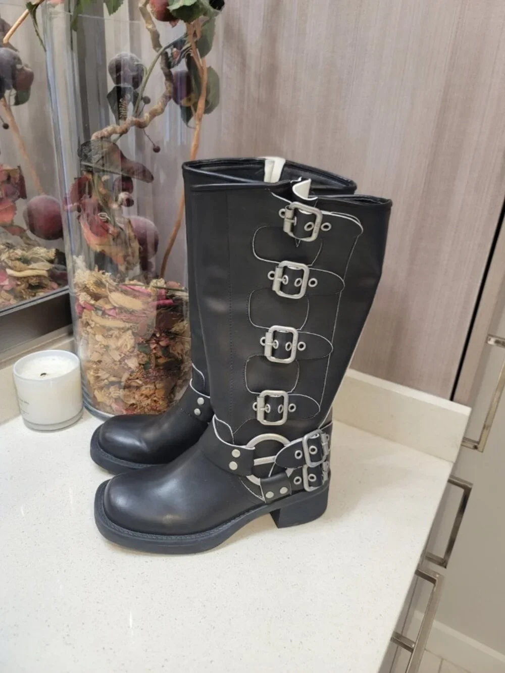 Miu Miu Biker Iconic Buckles Black Leather Knee Length Boots Size 37 - Picture 2 of 9